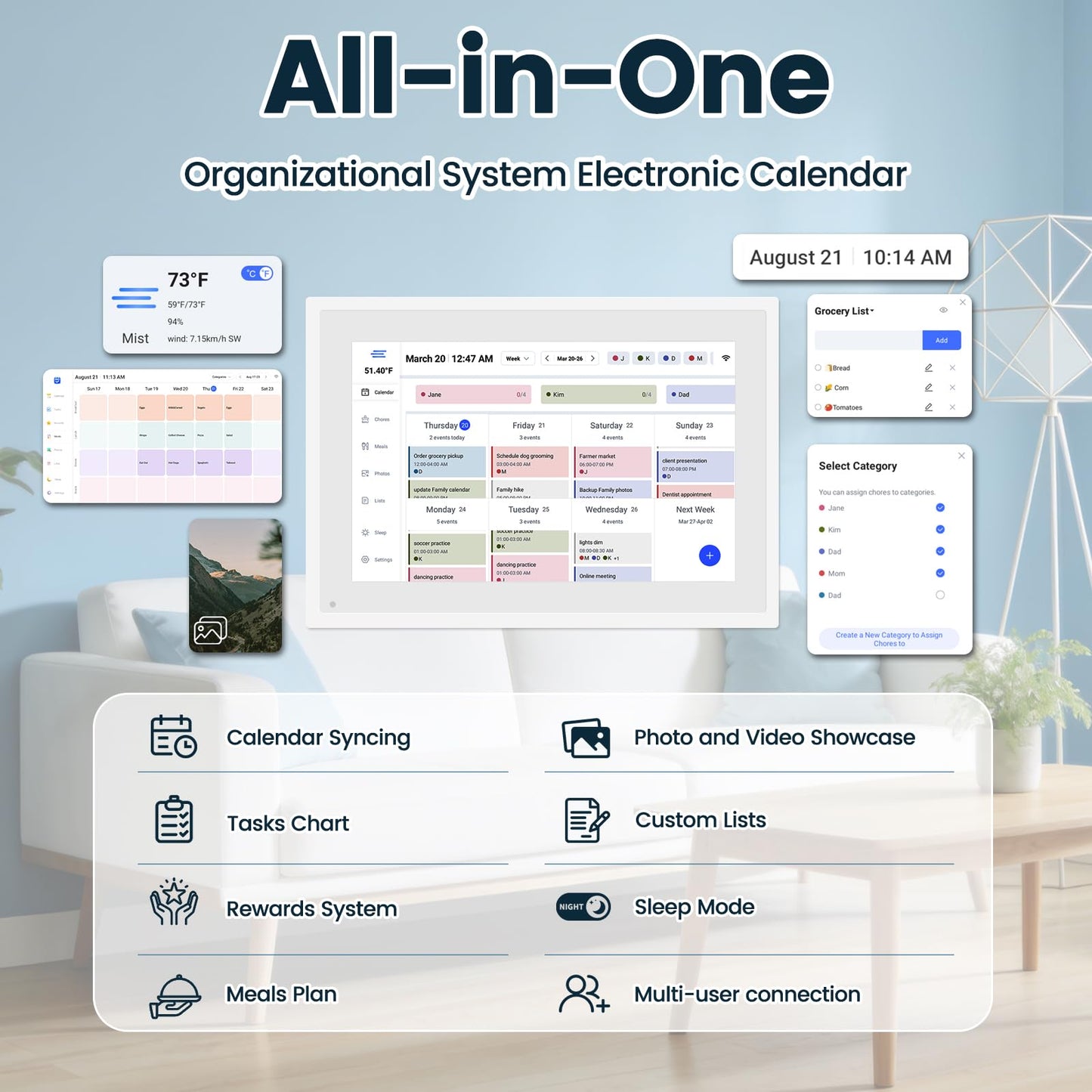 Digital Calendar 10.1", Smart Calendar Planner & Chore Charts, 1080P Full HD Interactive Touchscreen for Family Planner Display, Smart Family Calendar, Desk Mount, Gifts for Women Men