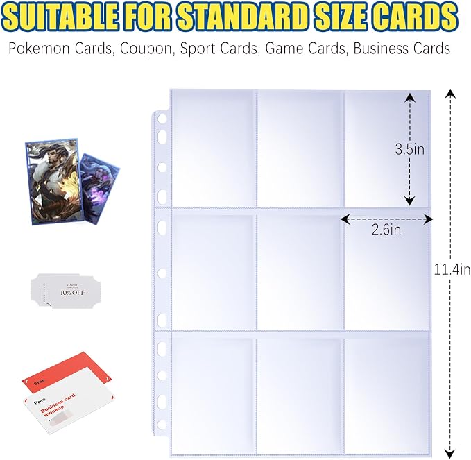 ABLY 900 Pockets Trading Card Pages Sleeves 9-Pocket Clear Plastic Game Card Protectors for Sky, Pok, Bas Car and More, Fit 3 Ring Binder (50 Pages)