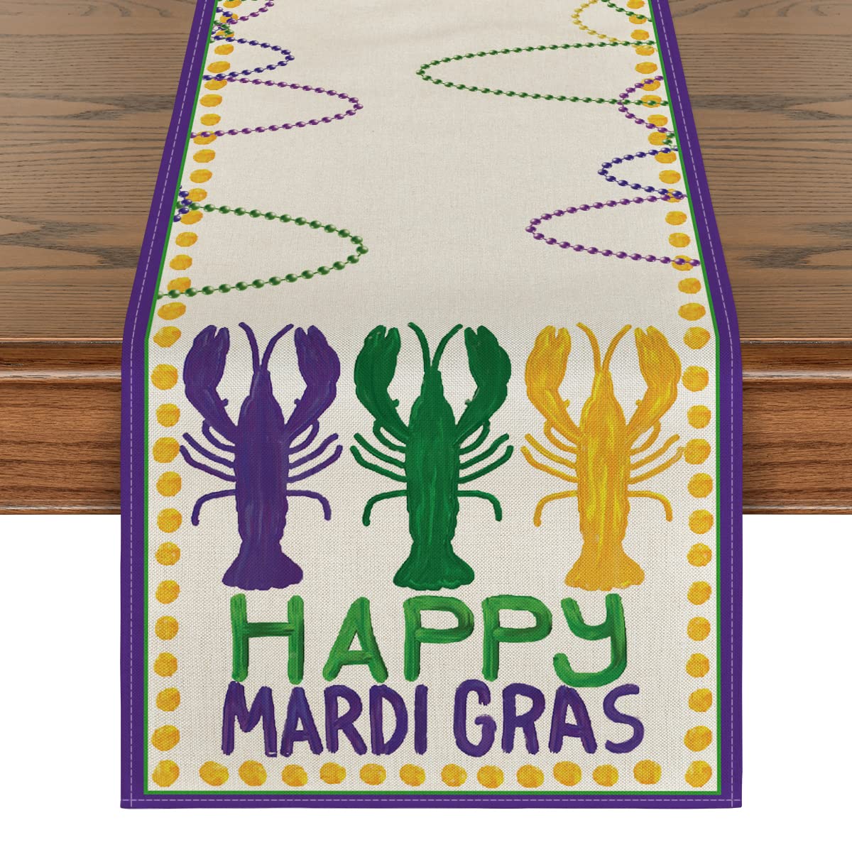 Artoid Mode Beads Happy Mardi Gras Carnival Table Runner, Seasonal Holiday Kitchen Dining Table Decoration for Indoor Outdoor Home Party Decor 13 x 90 Inch