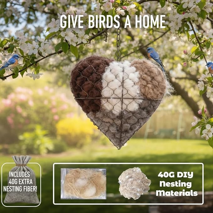 Handmade Fiber Bird Nesting Heart, Refillable Birds Haven 1 Heart Shape Hummingbird Nesting and 2 Bags of Nest Materials, Winter Fowl Gifts Animal Hummingbirds Lovers Home Garden Yard(3Set)