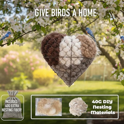 Handmade Fiber Bird Nesting Heart, Refillable Birds Haven 1 Heart Shape Hummingbird Nesting and 2 Bags of Nest Materials, Winter Fowl Gifts Animal Hummingbirds Lovers Home Garden Yard(2Set)