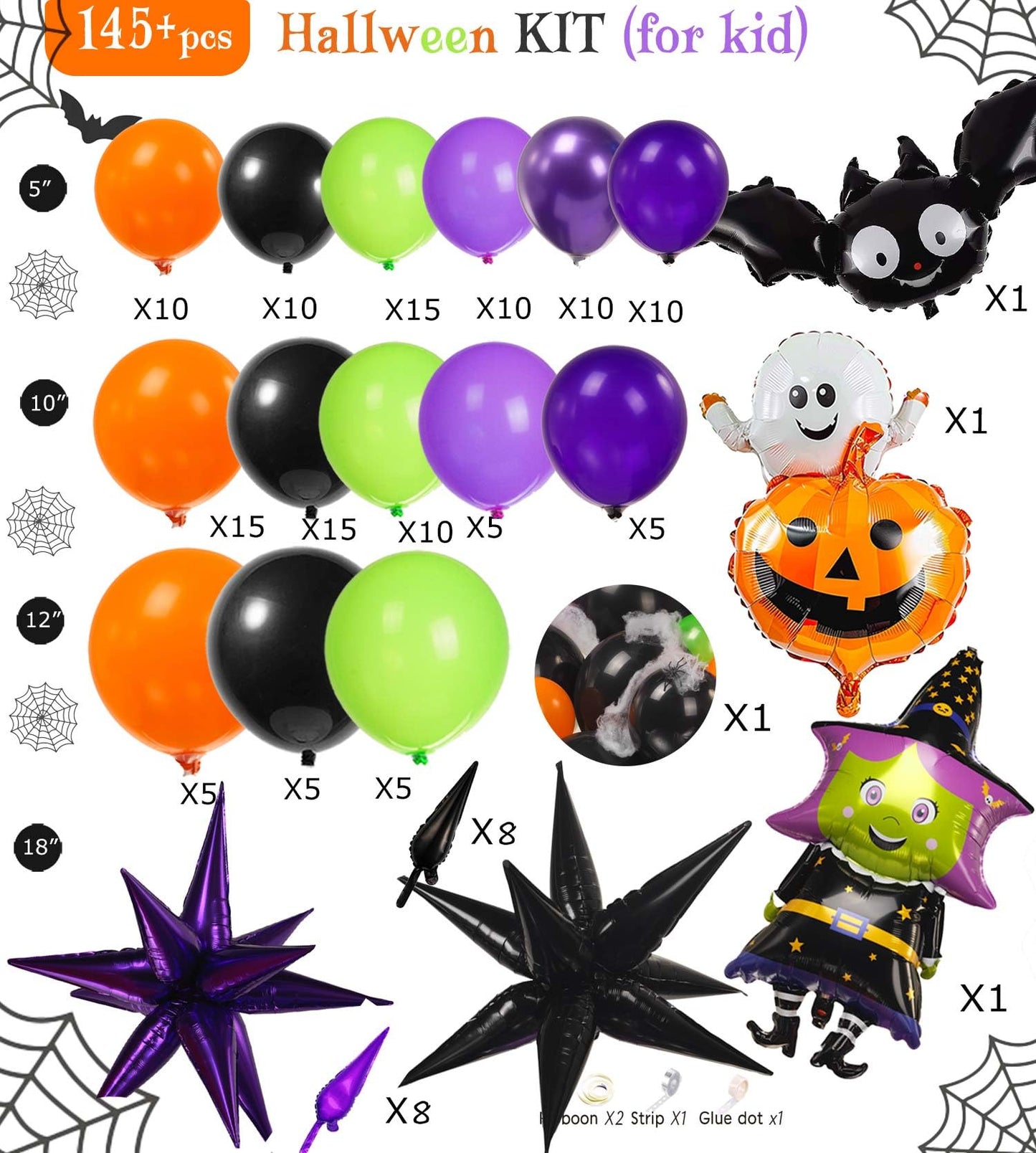 Halloween Balloon Garland Arch Kit 170pcs Orange and Black Purple green balloons with Spooky Spider Bat Pumpkin foil Balloons for fall Halloween Party Decorations