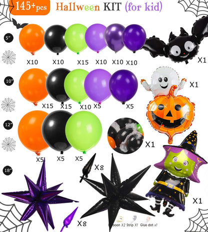 Halloween Balloon Garland Arch Kit 170pcs Orange and Black Purple green balloons with Spooky Spider Bat Pumpkin foil Balloons for fall Halloween Party Decorations