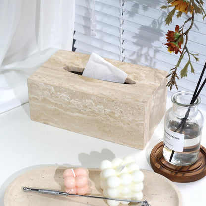 Noble and Light Luxury Natural Travertine Marble Household Tissue Box for Bathroom | Office | Desk | countertop | Vanity | Bedroom | Bedside Table |Beige