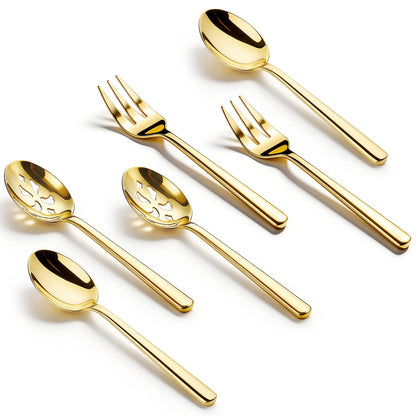 Serving Spoon x 2,Slotted Serving Spoon x 2,Serving Forks x 2,RTT 9 Inch Stainless Steel Catering Serving Utensils for Party Buffet Dinner Banquet Kitchen Basics (Golden Titanium Finish)