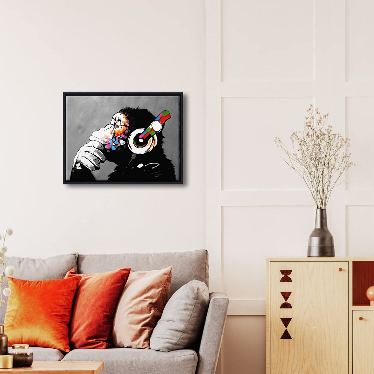 Wieco Art Black Framed Monkey With Headphones Banksy Graffiti Art Abstract Canvas Paintings Prints Animal Canvas Wall Art for Wall Decor and Home decorations Office Decor