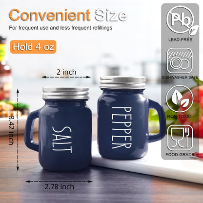 Navy Blue Salt and Pepper Shakers Set, 4 oz Cute Modern Glass Shaker Sets with Stainless Steel Lids, Blue Kitchen Decor and Accessories for Home Restaurants Weddings