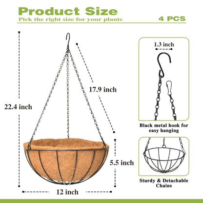 Qusuxi 4 Pack 12 Inch Hanging Baskets for Plants Outdoor Metal Hanging Planter Hanging Flower Baskets with Coco Fiber Liners Chain Round Wire Plant Holder Hangings Flower Pots(Watermelon)