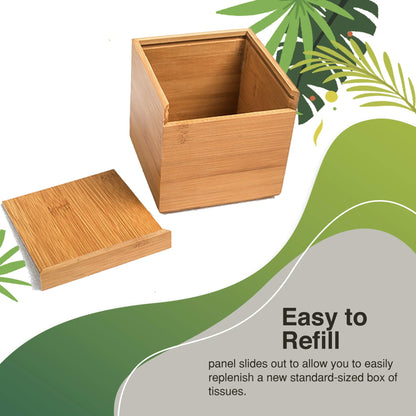 Performore Square Bamboo Tissue Box Cover - Stylish Water-Resistant Wooden Facial Tissue Holder for Bathroom, Office Desk & Nightstand - Compact 6.3" x 5.51" x 5.51" Design