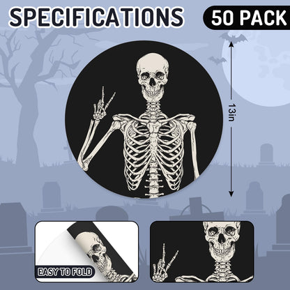 JarThenaAMCS 50Pcs Halloween Paper Placemats Smiling Skeleton Dinner Mats Black Disposable Round Table Mats for Trick or Treat Party Table Setting