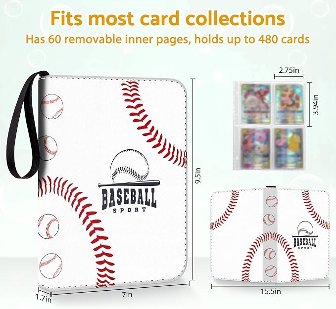 Baseball Card Binder Holder 480 Pockets with 60 Removable Sleeves, Portable Sports Trading Cards Binder Album Collector Organizer Protectors with Zipper,Waterproof