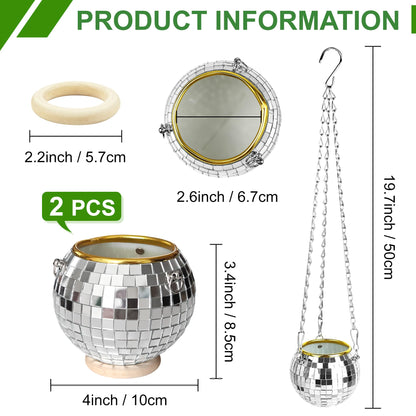Axigundaone 2 Pcs Disco Ball Hanging Planter, 4 Inch Mirror Disco Ball Planters with Chain,Small Mirror Planter Hanging for Window, Desk