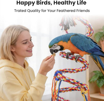 110" Extra Long Bird Rope Perch, 2.4 lb Heavy Duty Cotton Climbing Rope Toy with Bell, Flexible Bungee Swing for Large Parrots Macaw African Grey Cockatoo