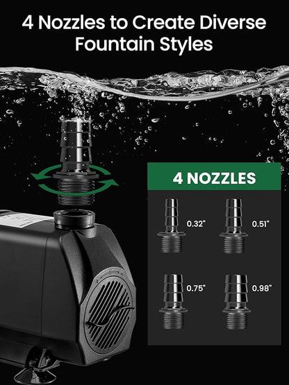 GROWNEER 1100GPH Submersible Pump 90W Fountain Water Pump 4100L/H, with 13ft High Lift, 4 Nozzles for Aquarium, Fish Tank, Pond, Hydroponics, Statuary, Garden, Black(1100GPH)
