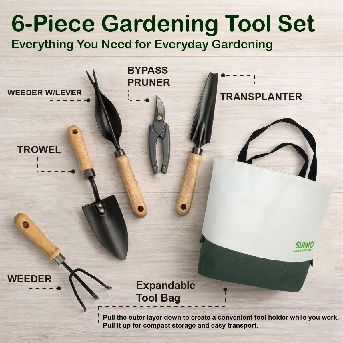 SUMIO 6PCS Gardening Tool Set with Storage Bag, Garden Hand Tools Kit with Pruner, Trowel, Transplanter, Cultivator & Weeder – Durable Gardening Gift Set for Women & Garden Lovers