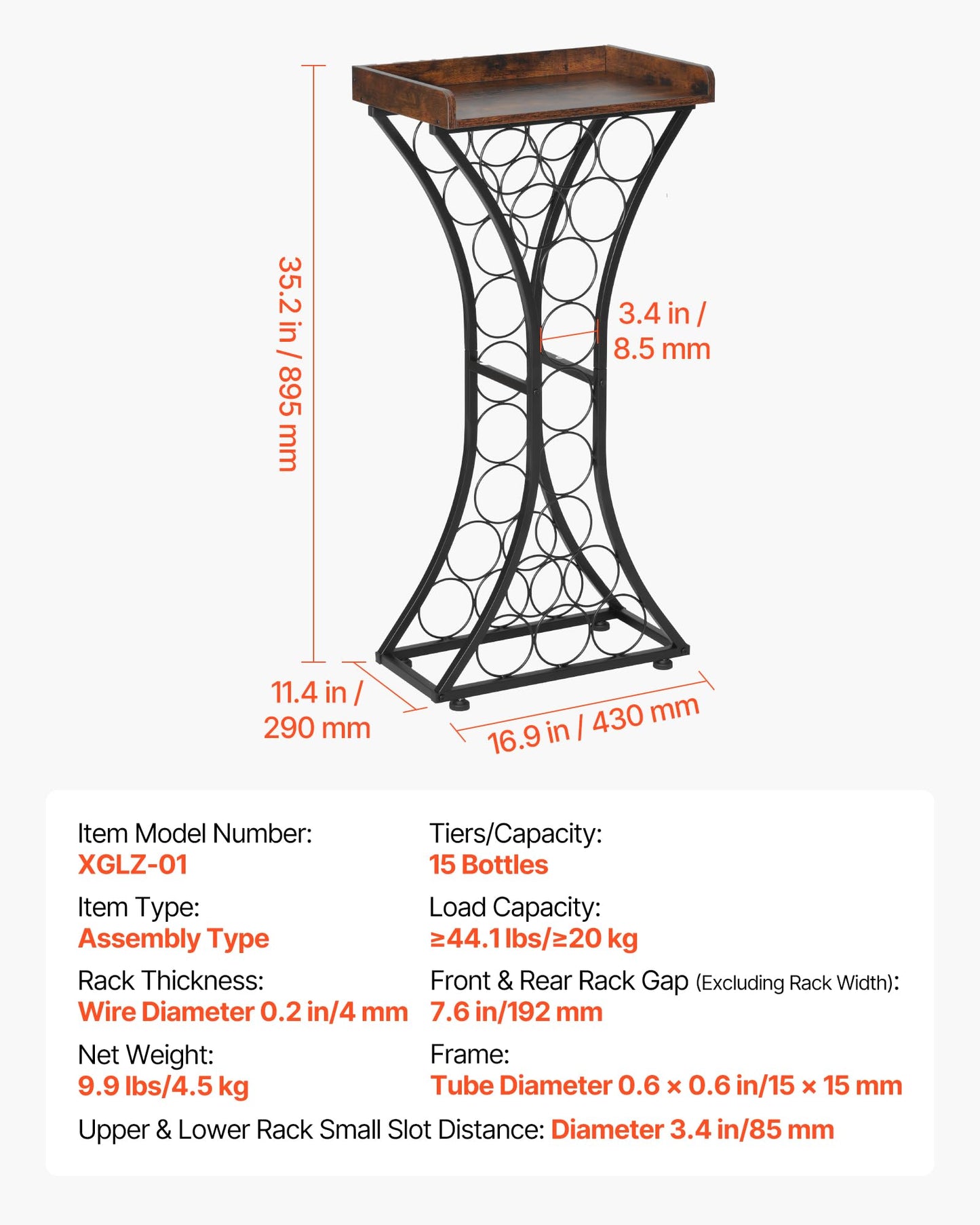 VEVOR 15 Bottle Wine Rack,Iron Freestanding Floor Wine Holder, Mini Bar Stand Liquor Cabinet with Wood Tabletop, for Home Bar,Kitchen,Living Room,Dining Room,16.9''L X 11.4''W X 35.2''H