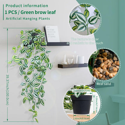 LOYWREE 2 Pack Fake Hanging Plants - Small Potted Plants with Green Eyebrow-Leaf Trailing Vines, Indoor Outdoor Aesthetic Decor for Office, Living Room Shelf & Home Accent (Black Pot)
