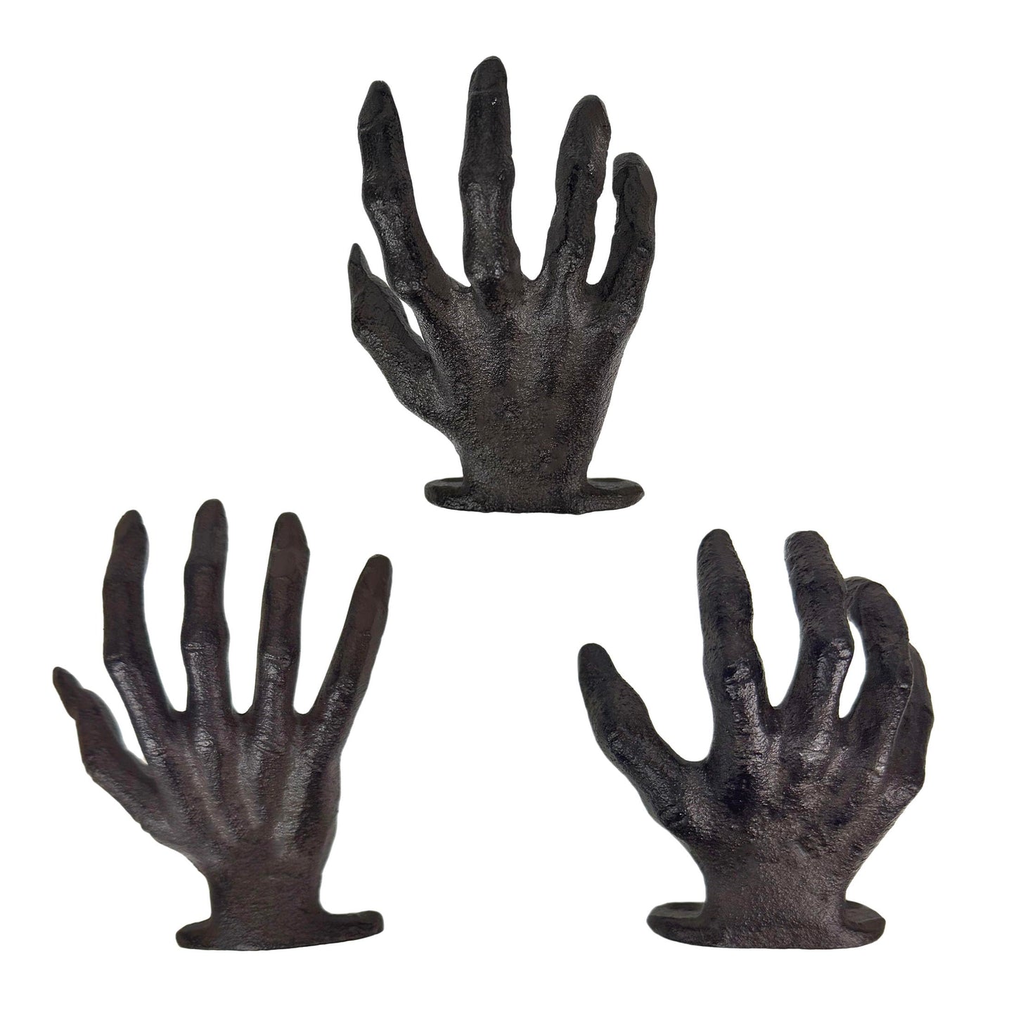 Zeckos Set of 3 Cast Iron Creepy Hand Decorative Wall Hooks, Antique Black Distressed Gothic Decor for Light Items, 2.25 x 3.25 x 4 Inch, Indoor Entryway, Bedroom, Jewelry and Keys