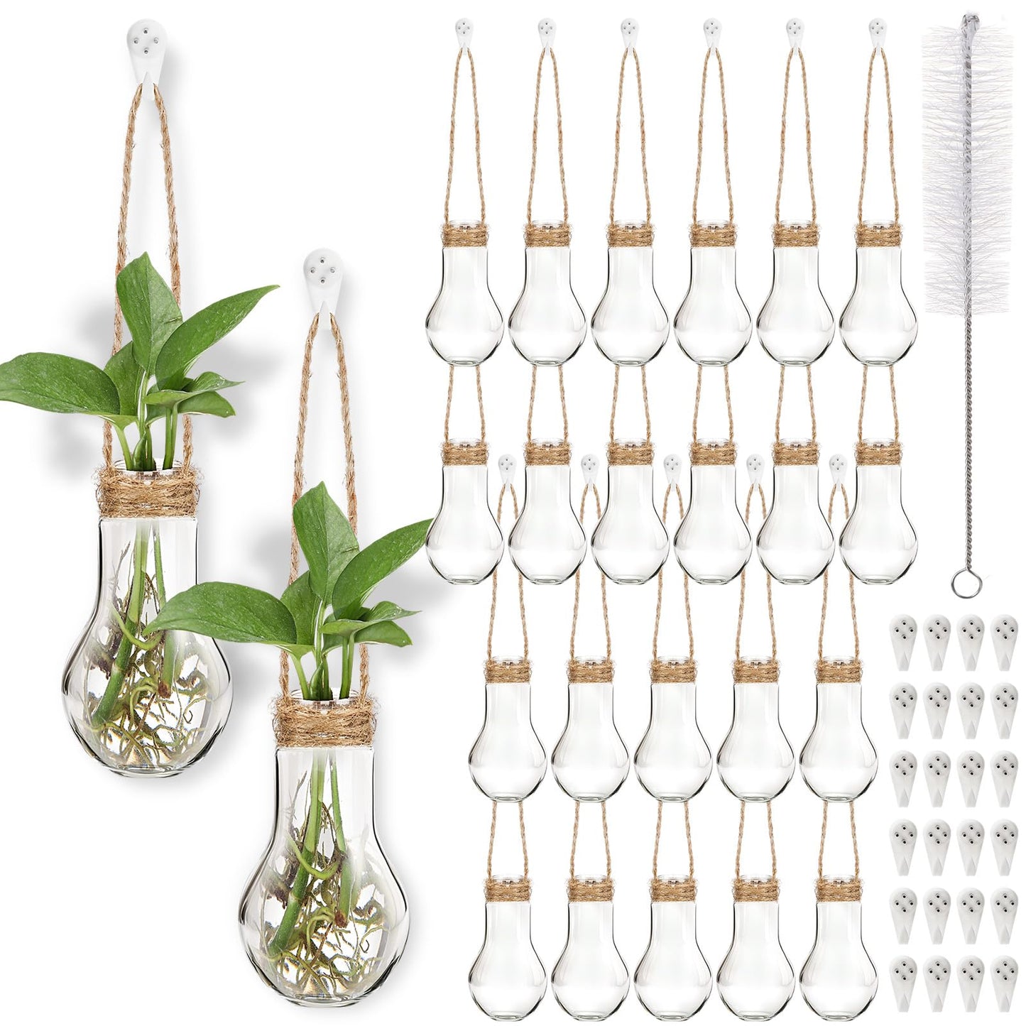 Baderke 24 Pack Hanging Propagation Station 3.9 Inch Plastic Plant Vases with Hooks & Cleaning Brush Clear Window Jars for Plant Clippings, Home Office Decor, Gardening Gifts for Women