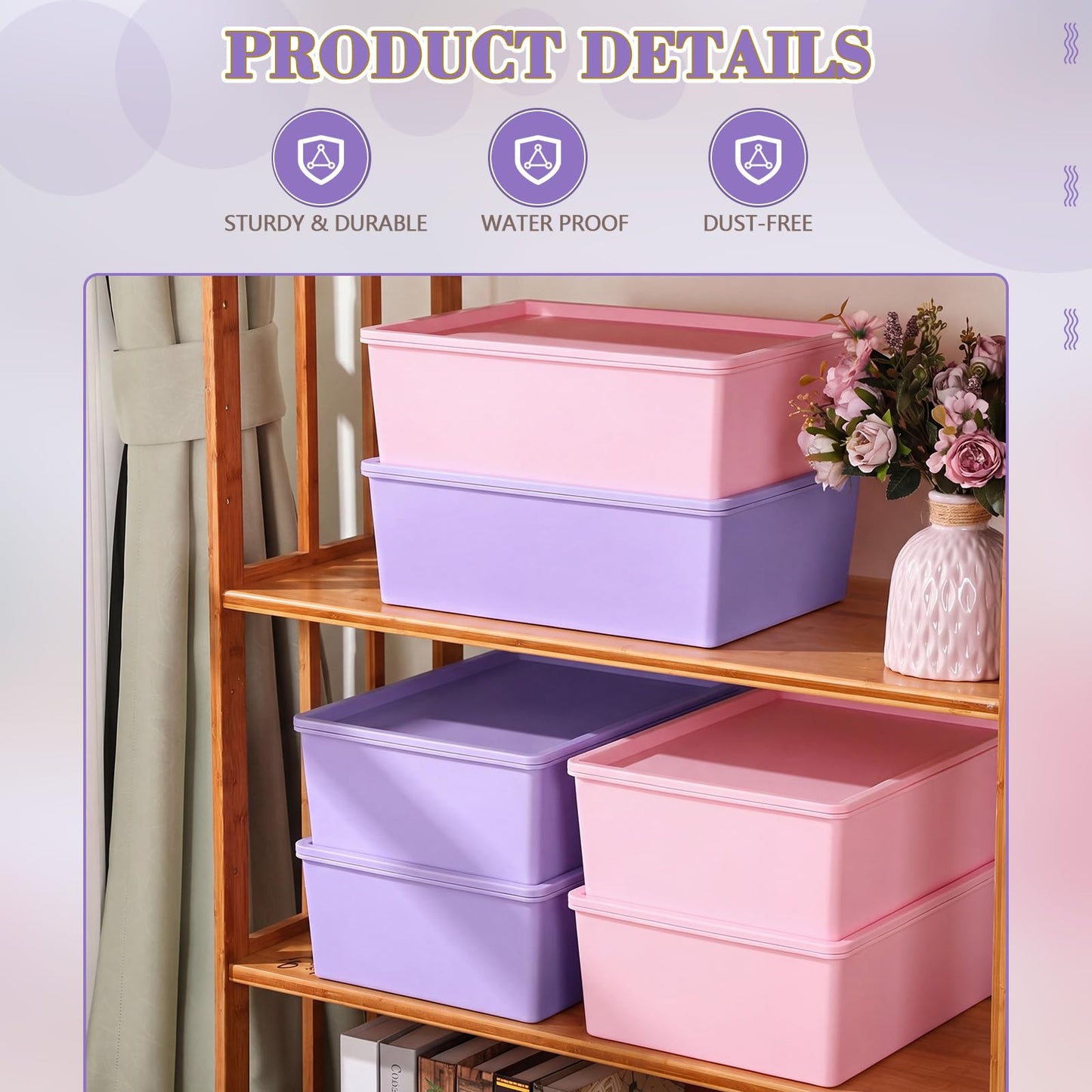 Menkxi 6 Pcs Large Plastic Storage Bins with Lids 14.4 x 10.4 x 5.1 Inch Stackable Storage Containers Decorative Cubby Organizer for Clothes Shelves Garage Closet Office (Pink, Purple)