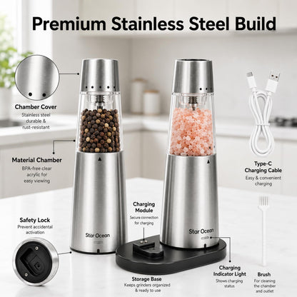 StarOcean Rechargeable Electric Salt and Pepper Grinder Set with USB-C Charging Base, Stainless Steel Automatic Gravity Grinders, 5 Adjustable Coarseness, Kitchen Gift