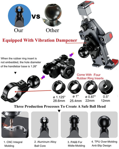 BRCOVAN Anti-Theft Aluminum Alloy Motorcycle Phone Mount with Vibration Dampener & High-Speed Secure Lock, Adjustable Bike Handlebar Cellphone Holder for Bicycle Scooter ATV, Fit 4.7-7.2'' Smartphone