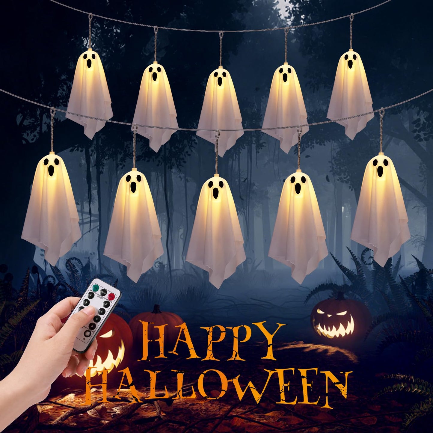 Halloween Ghost Decor, 10 Pcs Spooky Ghosts String Lights Battery Operated, 8 Lighting Mode, Light up Ghost Garland, for Mantle, Fireplace, Window, Porch, Party Indoor Outdoor Decor