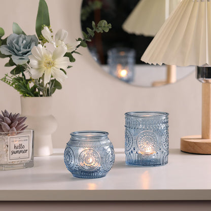 DARJEN Blue Votive Candle Holders- 10Pcs Glass Tealight Candle Holder, Size Upgrade Design for Home Decor, Elegant Candle Holder for Party & Dinner Table Centerpieces, Living Room Decor Gifts
