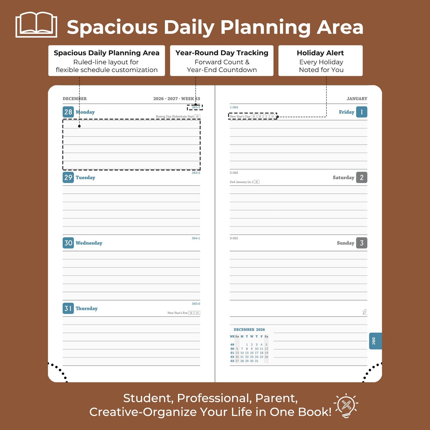IN-LUXPRO Planner 2026-2027 Daily Weekly and Monthly,6.5"x3.75",18 Months Spiral Bound Calendar Agenda with Self-adhesive Pen Holder,2026 Academic Plan with Vegan Leather Soft Cover,Brown