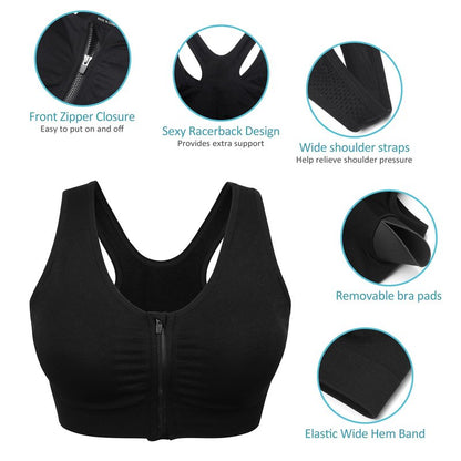 Women's Zip Front Sports Bra Wireless Post-Surgery Bra Racerback Yoga Sports Bras Post Breast Augmentation Bras Workout Running Compression Bras 3 Pack (X-Large, 3 Pack(Black+Flesh+Light Purple))