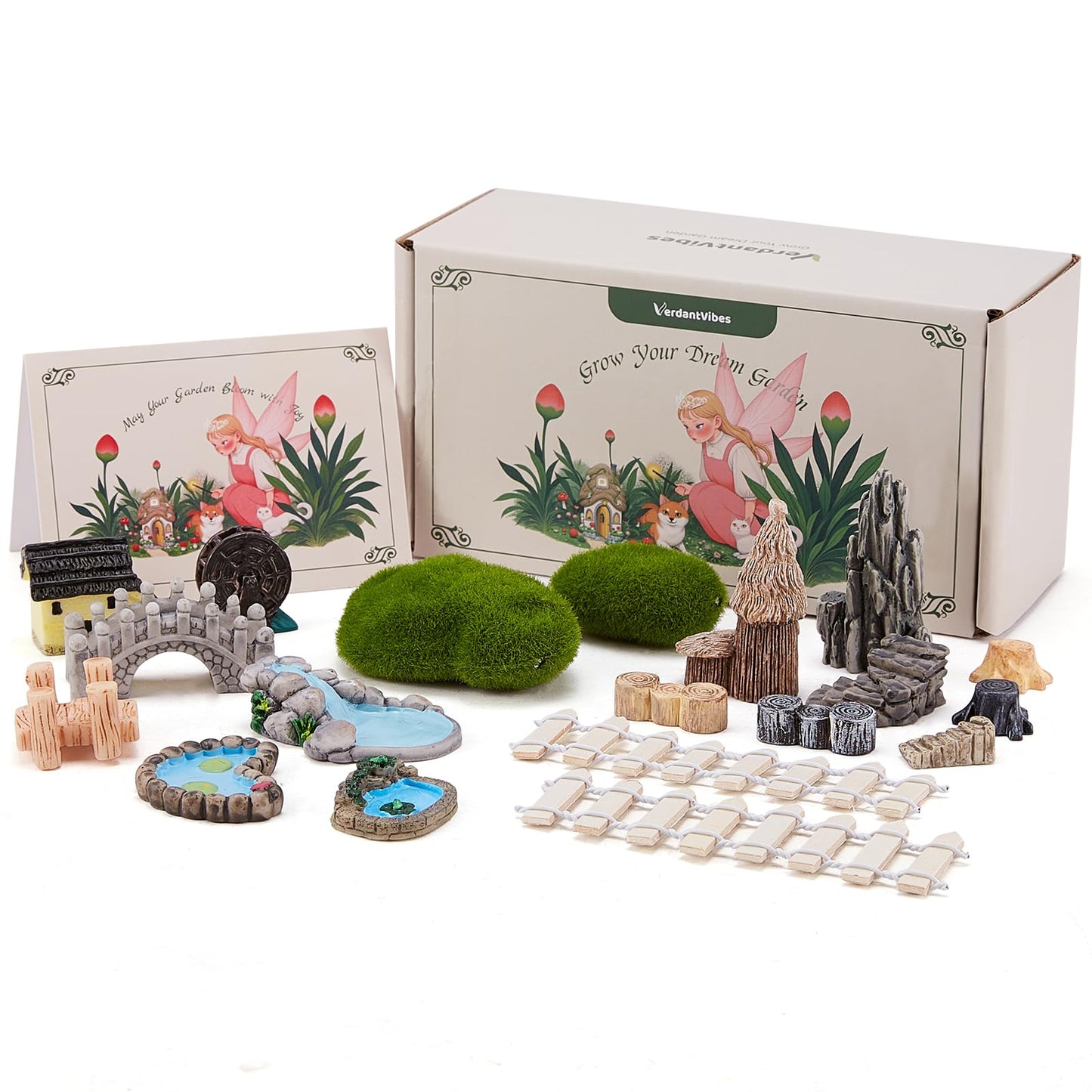 VerdantVibes 21-Piece Fairy Garden Kit with Mini Bridge, Waterwheel & Tree Stump Piers - Woodland Pond Decor Set for DIY Craft, Indoor/Outdoor Garden Accessories