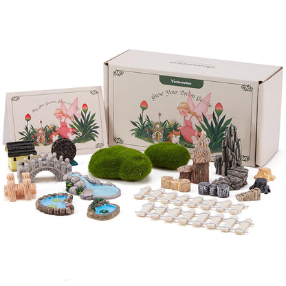 VerdantVibes 21-Piece Fairy Garden Kit with Mini Bridge, Waterwheel & Tree Stump Piers - Woodland Pond Decor Set for DIY Craft, Indoor/Outdoor Garden Accessories