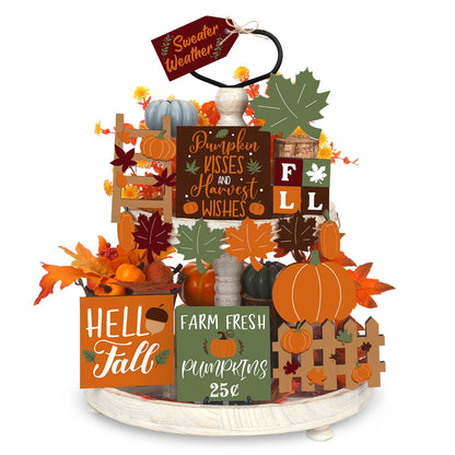 BBTO Set of 15 Fall Tiered Tray Decor Pumpkins Farmhouse Decor Autumn Maple Leaf Thanksgiving Table Centerpieces Harvest Wood Blocks Signs for Home(Fresh Style)