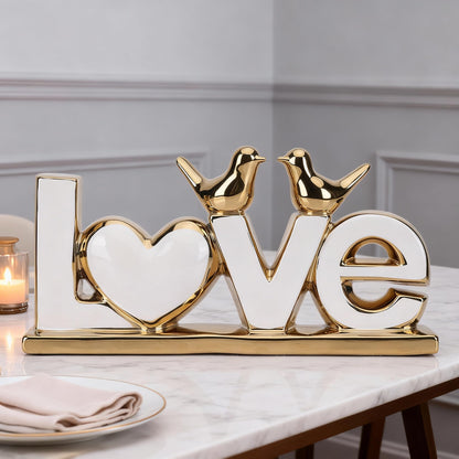 DOVDOV White and Gold Ceramic Love Sign Sculpture with Heart and Bird Statues, Modern Home Decor Accents for Living Room Coffee Table, TV Stand, Entryway and Shelf, Wedding or Housewarming Gift