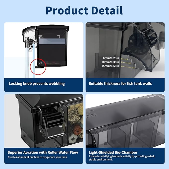 Hang-on-Back Aquarium Filter Box with Reusable Filter Media, Waterfall Oxygenation, Fits High & Low Water Level, for 1-5 Gallon Fish & Turtle Tank (Pump Not Included)