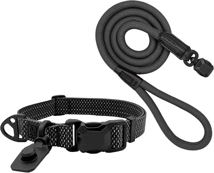 Quick Clip Dog Collar & Rope Leash Set, Black Large – Magnetic Buckle, Reflective
