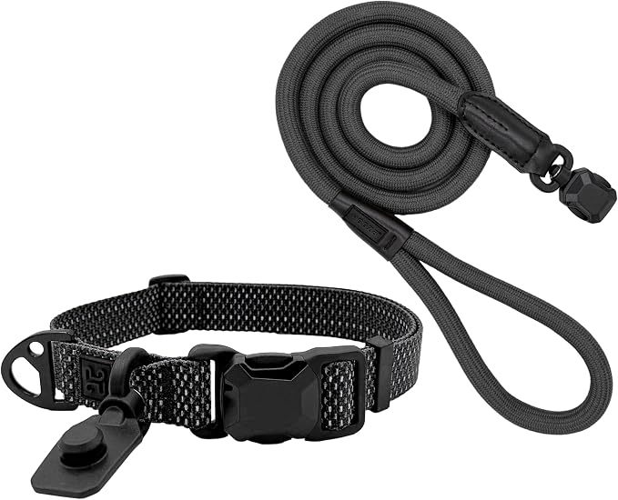 Quick Clip Dog Collar & Rope Leash Set, Black Medium – Magnetic Buckle, Reflective
