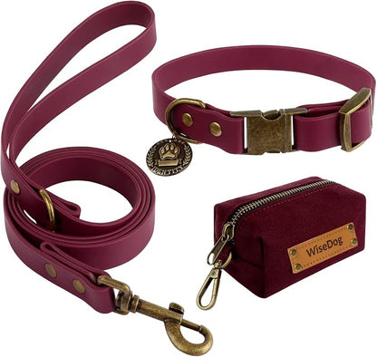 Wisedog Waterproof Dog Collar and Leash Set, M (Collar:12"-18"), Burgundy | Adjustable Puppy Collars, Cute Tag, 5FT Leash, Includes Poop Bag, For Small Medium Large Dogs
