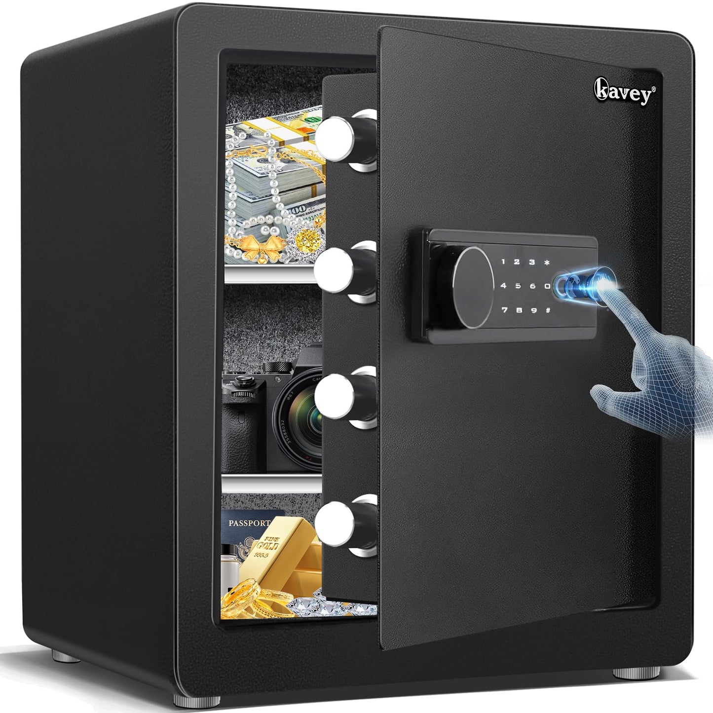 Kavey 2.0 Cub Biometric Safe Box, Fingerprint Safe with Backlit Touch Screen Keypad and Dual Alarm System, Steel Security Lock Box With Mute Function and LED Light, 12.59"D x 14.96"W x 17.72"H