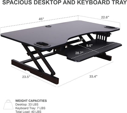 Rocelco 45" Height Adjustable Standing Desk Converter with Dual Monitor Mount and Slide Out Retractable Keyboard Tray - Sit Stand Up Triple Screen Tabletop Riser Workstation - Black (R ADRB-45-DM2)