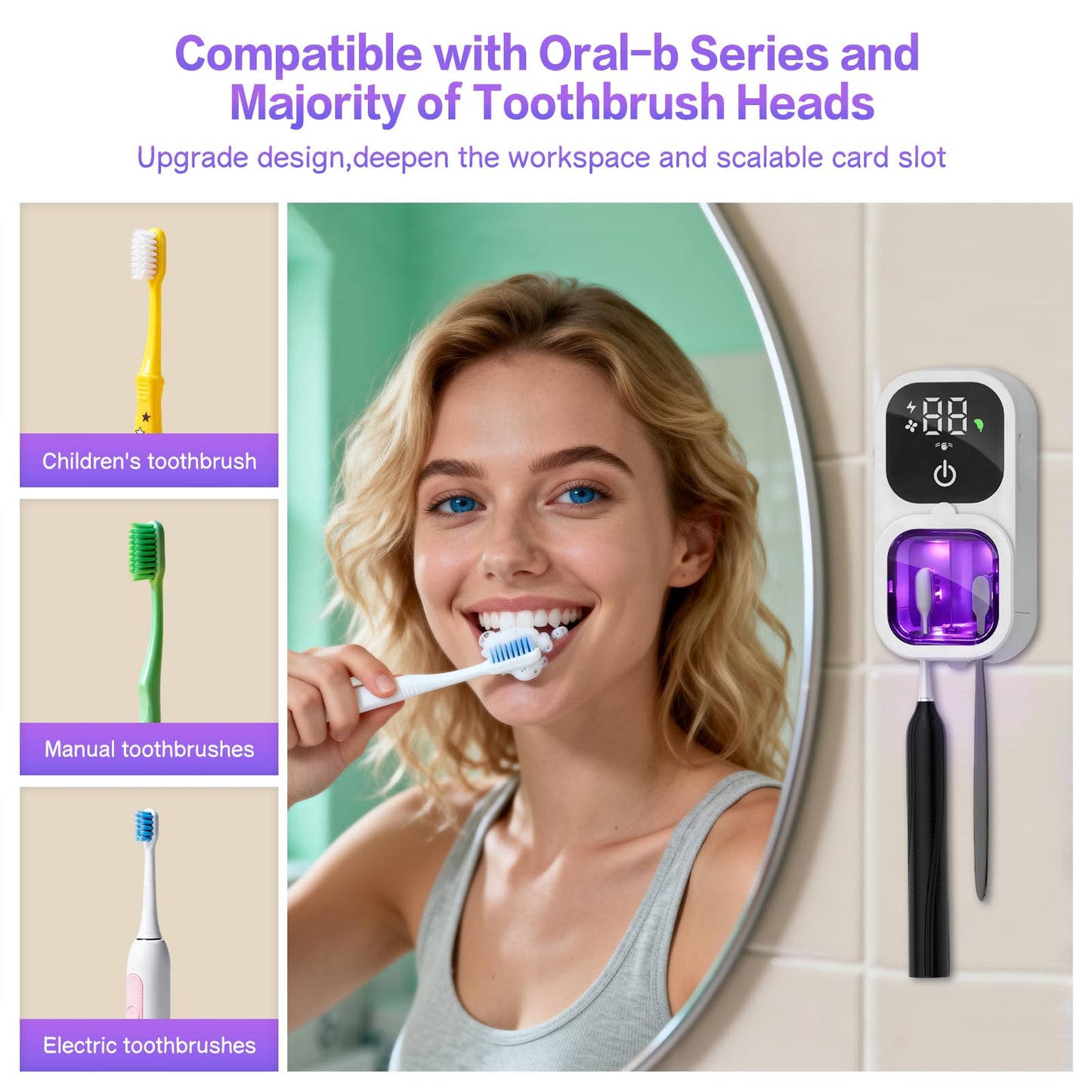 Toothbrush Sanitizer, Wall Mounted Toothbrush Holder & Toothbrush Cleaner, 4UVC Lights Cleaning, 2300mAh High-Capacity Battery, Auto-inductive Cover, Rechargeable Toothbrush Holders for Bathrooms, RV