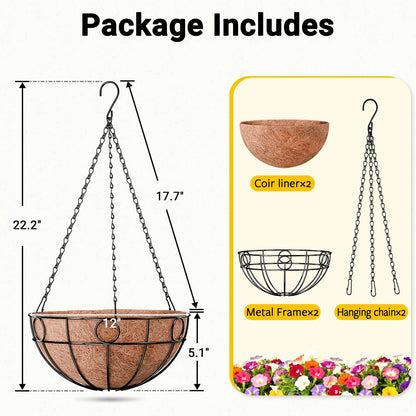ZeeDix 2 Pack Round Hanging Baskets for Plants Outdoor, 12 Inch Metal Wire Planter Basket with Coco Liner, Hanging Flower Pots for Garden Yard Patio Porch Balcony Decor