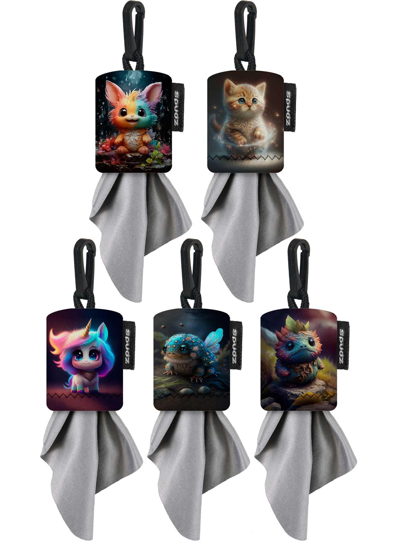 SPUDZ Classic Variety Pack | Five 6" x 6" Microfiber Towels w/Neoprene Pouches | Premium Microfiber Cleaning Cloths for Laptops, Lenses, Cameras, Screens, and More | Mystical Creatures 5 Pack