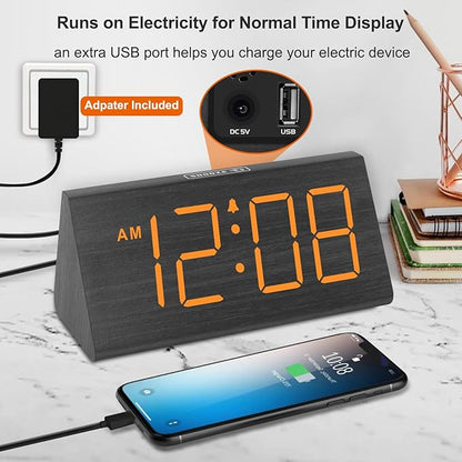 DreamSky Wooden Digital Alarm Clock for Bedroom with RGB Large Numbers | Electric Desk Clock, USB Port, Loud Alarm for Heavy Sleepers, Dimmer and Volume Control, Snooze, Wood Décor, Adapter Powered