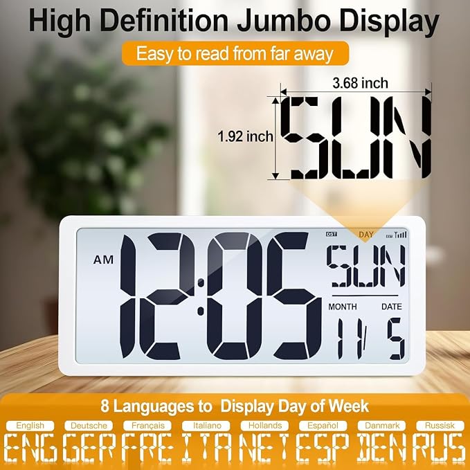 18.5" Extra Large Atomic Clock with Backlight Digital Wall Clock Battery Operated with Charging Function Jumbo LCD Display Clock Time/Calendar/Temperature for Wall Bedroom Classroom