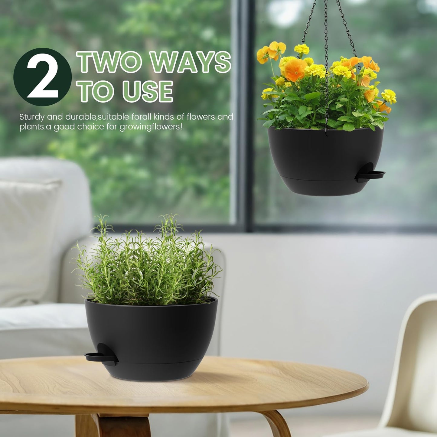 AHJZO 2 Pack 12 Hanging Flower Pots with Chains Self Watering Plastic Planters for Indoor Outdoor Plants, Sturdy Triangular Iron Chain Design for Garden PorchPlastic Hanging Flower pots (2, Black)
