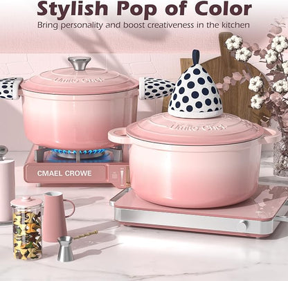 Umite Chef Enameled Cast Iron Dutch Oven-7QT Pot with Lid Cookbook & Cotton, Heavy-Duty Cookware for for Bread Baking, Braising, Stews, Marinate, Cook(Pink)