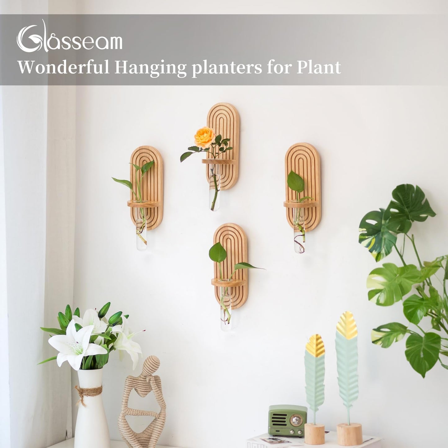 Glasseam Propagtion Stations for Wall Decor: 4pcs Boho Hanging Glass Propagation Vases for Plants and Flowers - Indoor Wood Wall Planter with Test Tube for Living Room Entryway Office Home Decor