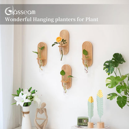 Glasseam Propagtion Stations for Wall Decor: 4pcs Boho Hanging Glass Propagation Vases for Plants and Flowers - Indoor Wood Wall Planter with Test Tube for Living Room Entryway Office Home Decor