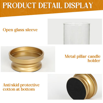 Gold Hurricane Candle Holders Set of 2 with Glass - Modern Pillar Candle Stands for Fireplace Mantel, Dining Table Centerpiece & Home Decor, 7.1" & 9" High